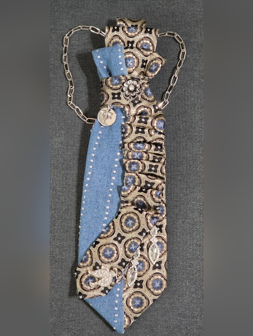 Denim and Gold Embellished Necktie Necklace with Floral Accent